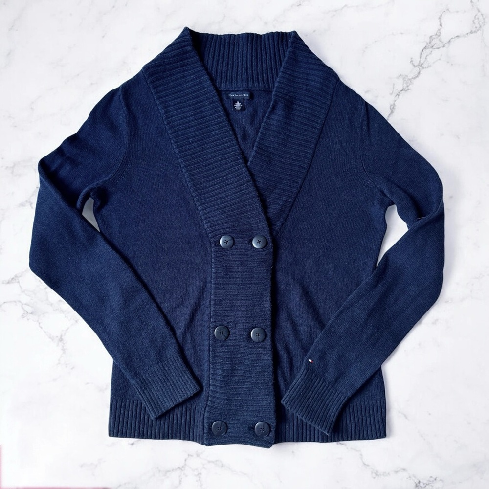 TOMMY HILFIGER Navy Blue Cardigan Sweater Nautical Coastal Knit 2011 Sz Medium